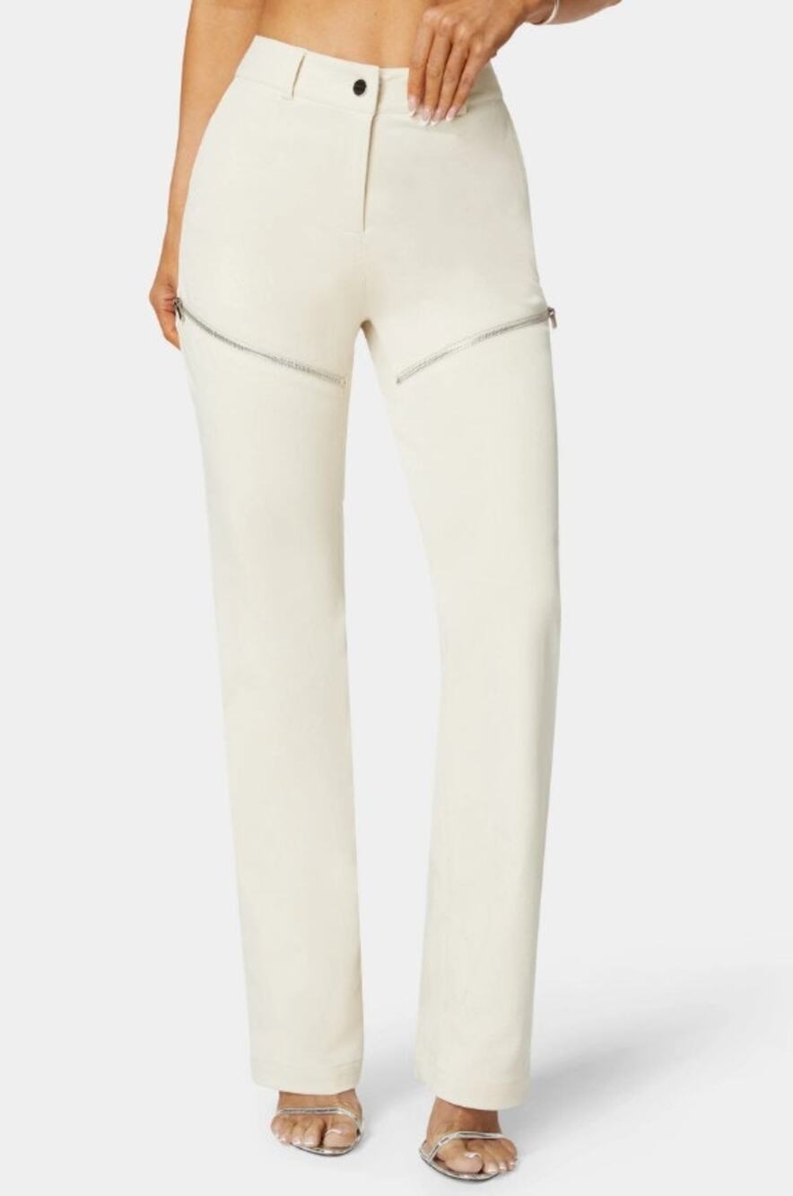 BEBE new Natural Waist Zipper Detail beige cream mini bootcut pants trousers